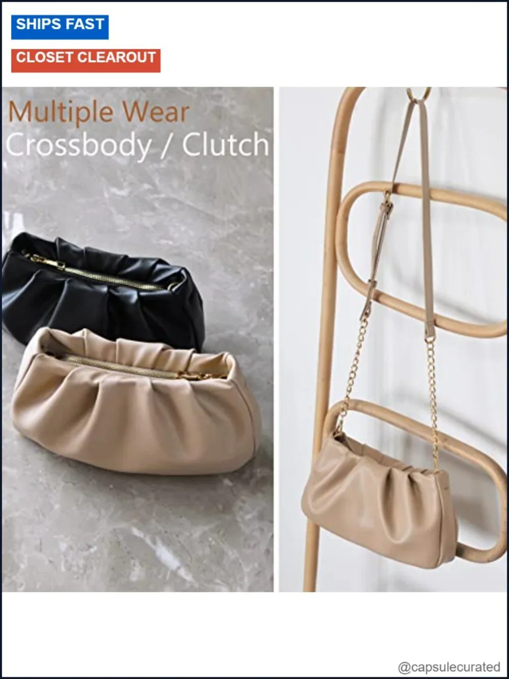 Hobo Shoulder Bag Vegan Leather Crossbody Chain Ruched Clutch